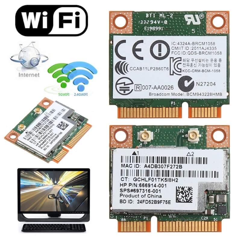 듀얼 밴드 2.4 + 5G 300M 와이파이 블루투스 4.0, 무선 하프 미니 PCI-E 카드, BCM943228HMB HP SPS 718451-001 용 802.11a/b/g/n