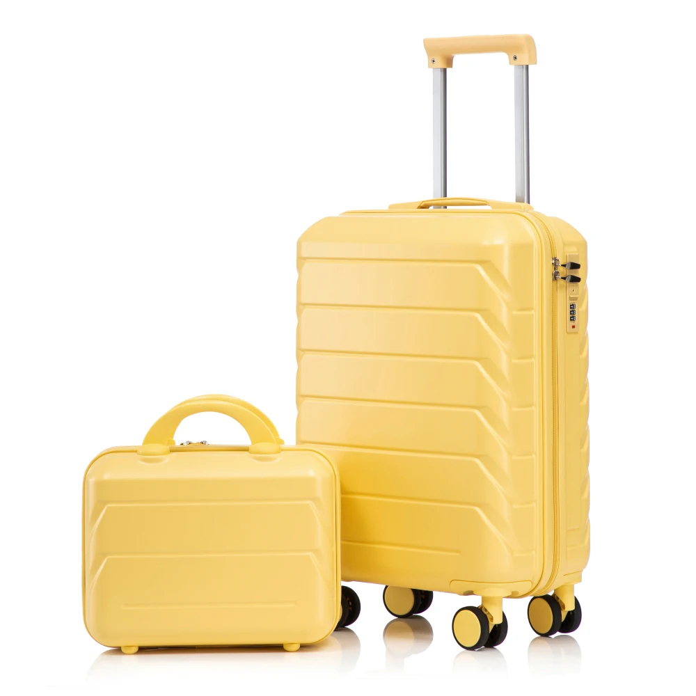 

14"/20" 2 pcs/set in ABS Spinner Wheel Luggage, with Combination Lock,14" Cosmetic Case (Yellow)