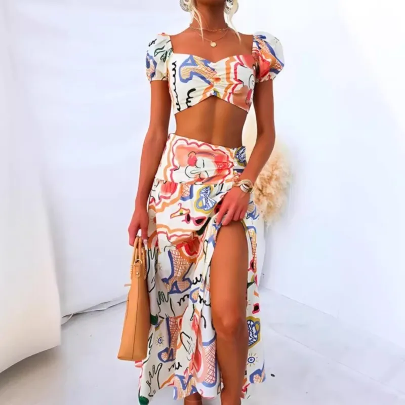 

Summer New models Print Women's Dress Two Piece Elegant Bare Belly High Waist Top Skirt Two Pieces Dress Sexy Party Women Dress