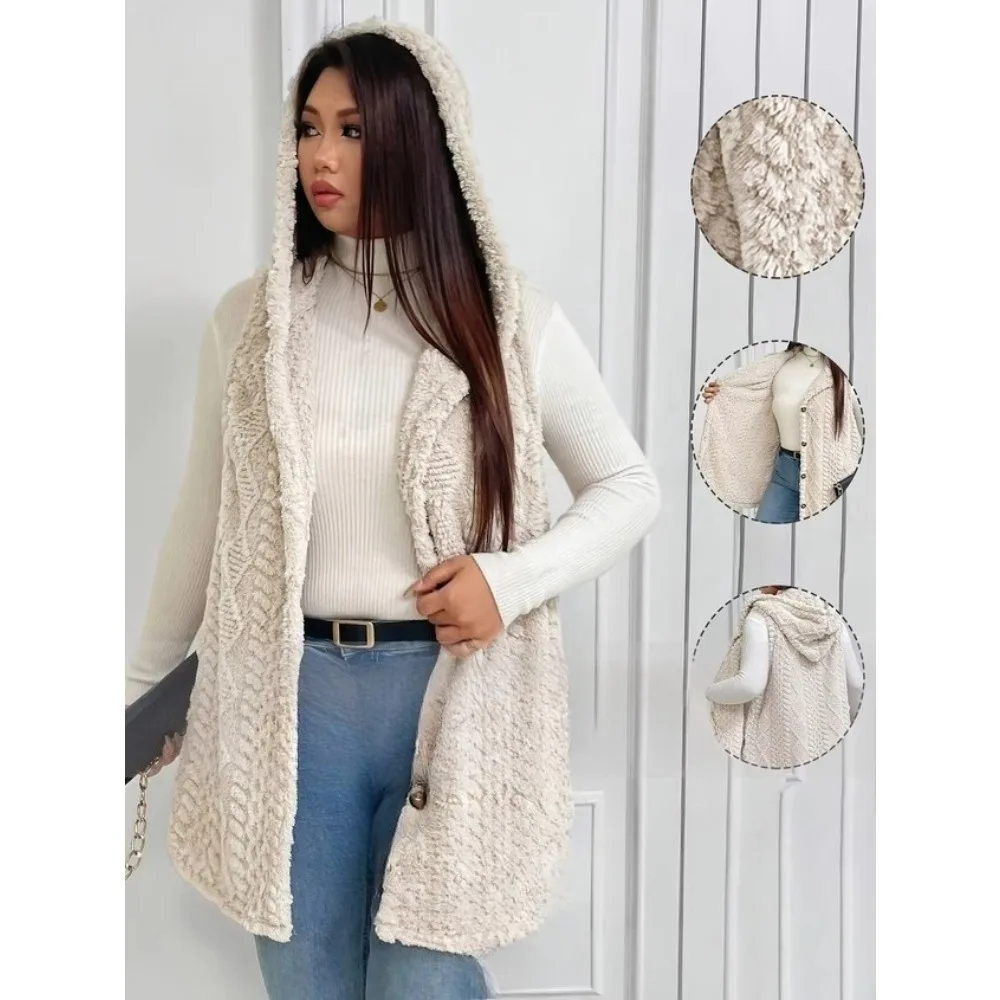 LadiesPlus Size New Upgraded Double Sided Plush and Plush Jacquard Tank Top - Solid Color Thick Hooded Single Breasted Warm Coat