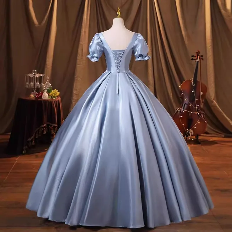 Blauwgrijze satijnen avondjurk met vrouwelijk temperament, verjaardagsfeestje, coming of age-ceremonie, lange rok, A-lijn afslankjurk
