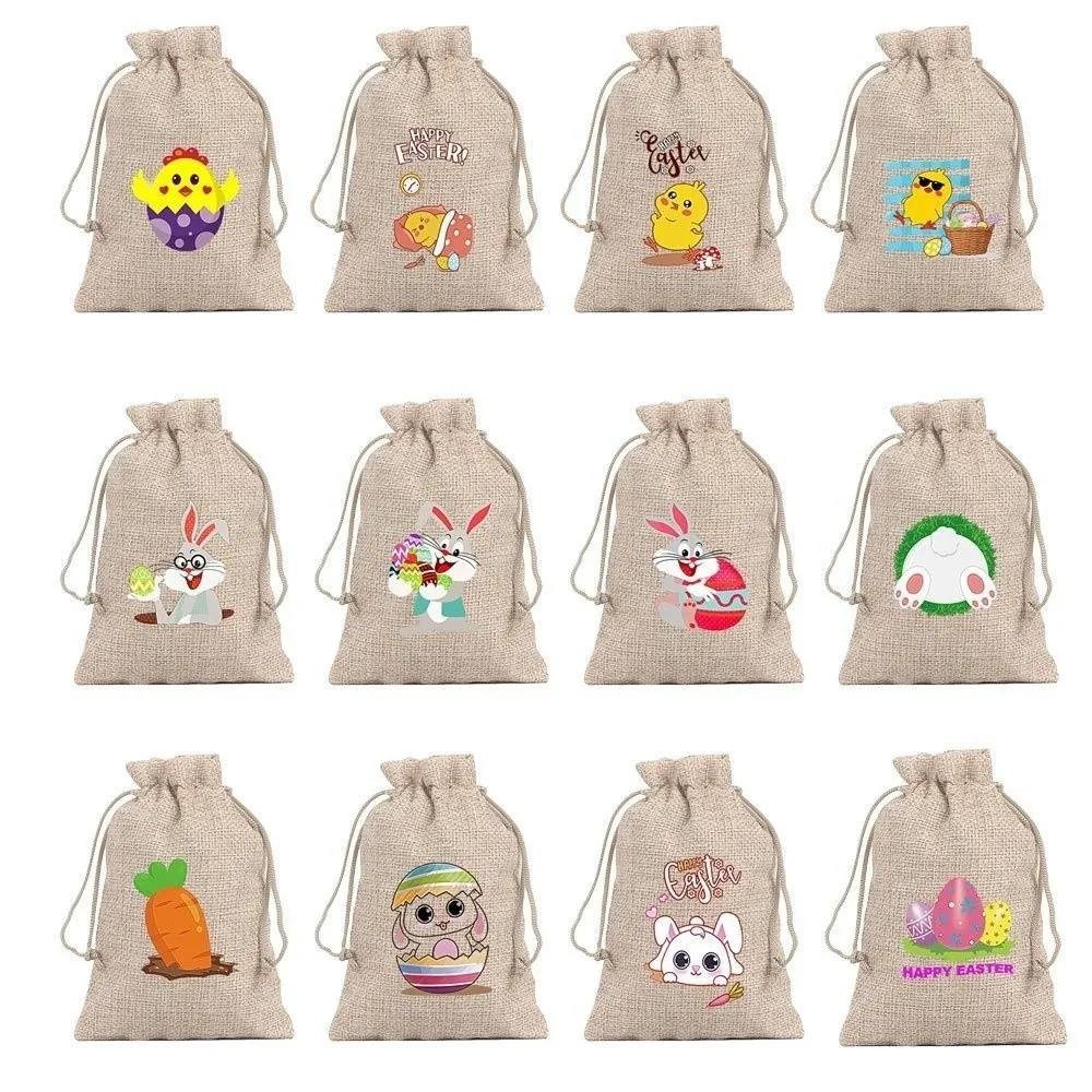 

12 pieces/set Cartoon Easter Rabbit Gift Bag Linen Vintage Rabbit Drawstring Bag Reusable Bunny Candy Bag Easter Celebration