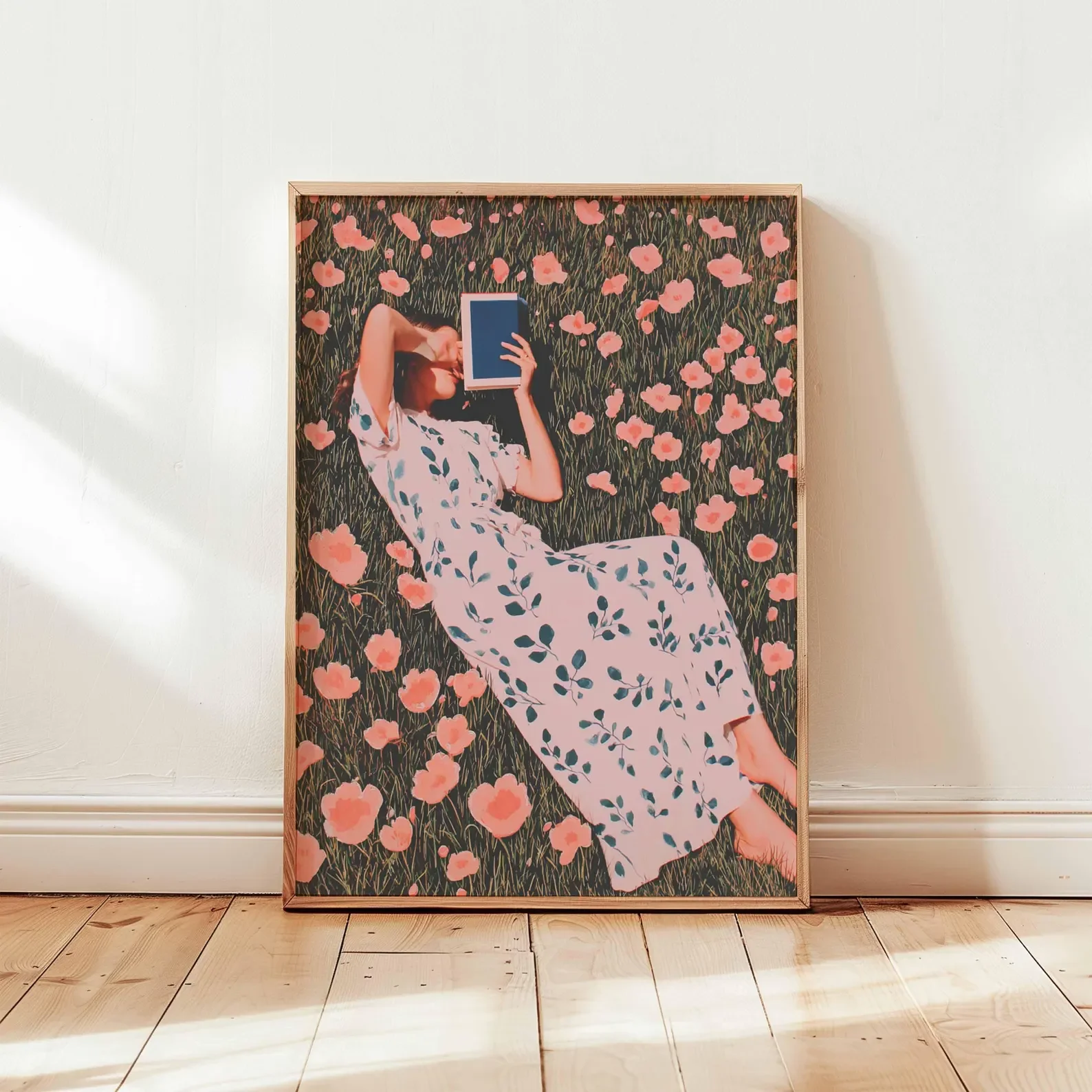 Frau liest Poster, Lesegeschenk, Sommer-Blumen-Wandkunst, femininer ästhetischer Druck, Mädchen in Blumen-Kunstwerk, Buchliebhaber-Dekor
