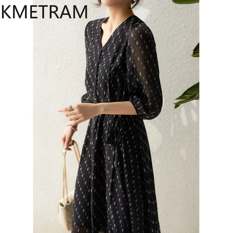 KMETRAM Mulberry Silk Polka Dot Floral Dress for Women 2024 Summer High-end French Style Dresses Mid-length Women's Clothing