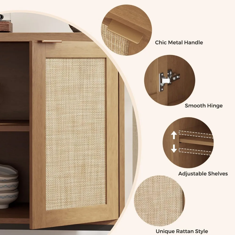 Rattan Buffet Cabinet with Adjustable Shelves, Modern Sideboard Storage for Living Room Kitchen Entryway