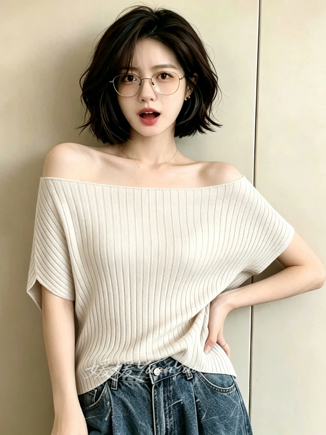 

Fashionable Knitted Short Sleeve One Shoulder Top Slim Fit Summer Style Casual Soft Polyester Fabric Breathable Skin-Friendly