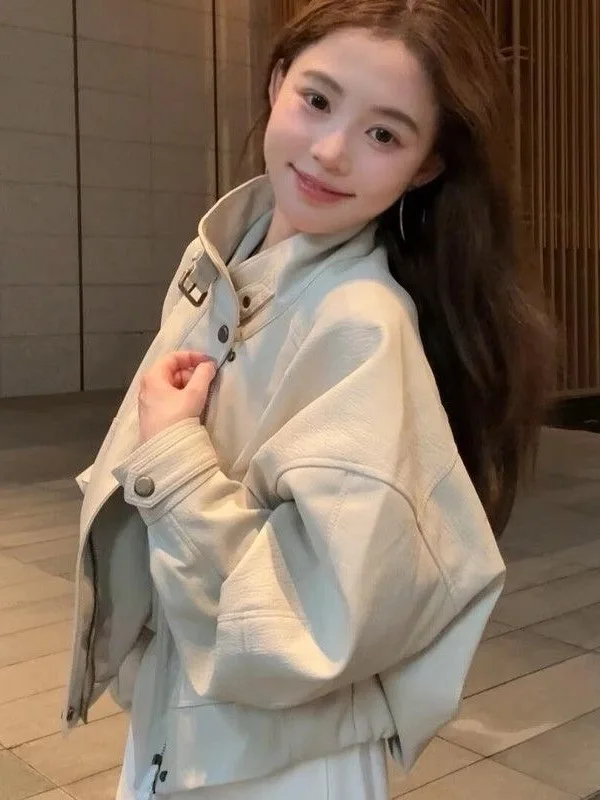   Jaqueta de Couro PU para Mulheres, Casaco de Motocicleta, Nova Chegada de Outono, Cor Ele, Caqui, Moda Feminina