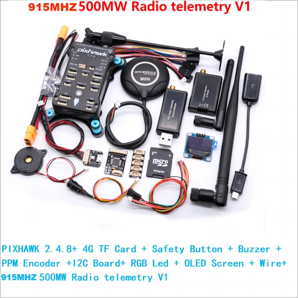 Pixhawk-Contrôleur de vol PIX 32 bits 2.4.8 PRO, avec M8N GPS + 433/915Mhz 100/500mw, télémétrie radio + interrupteur de sécurité + buzzer + RVB + I2C