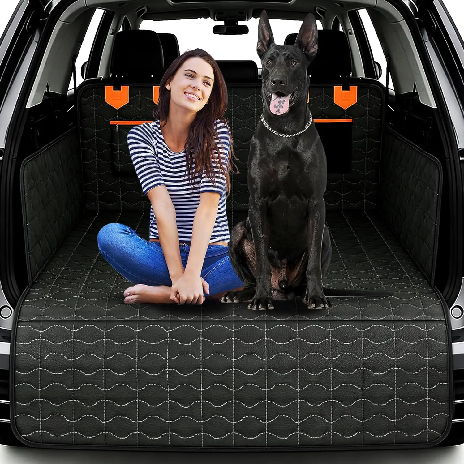 

Waterproof Dog Car Trunk Cover with Non-Slip Backing, Bumper Protector & Storage Pockets for SUVs Sedans Vans