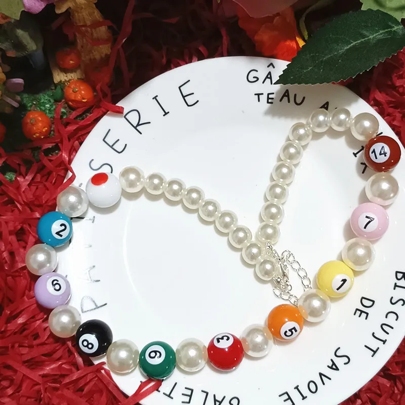 Fashion Hip Hop Jewelry Exaggerated Colorful Billiards Necklace Female Dopamine Unique Pearl Choker Necklace for Women Girls