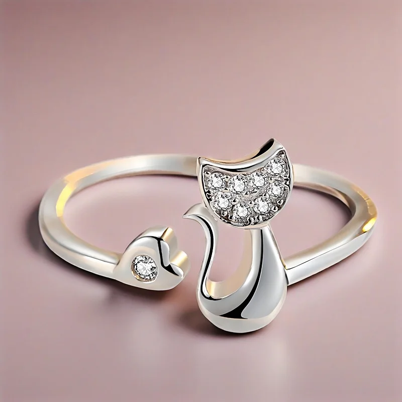 Cute 925 Sterling Silver Little Cat Cubic Zircon Open Adjustable Finger Rings for Women Girls Wedding Party Fashion Jewelry Gift