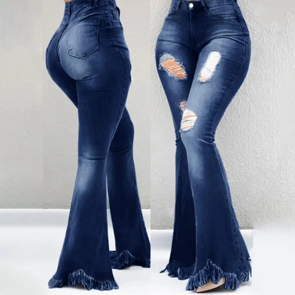 Full Length Denim Flare Capris Pants Pocket Holes Bell Bottom Trousers Boot Cut Ruffle Denim Pants Women Flare Jeans