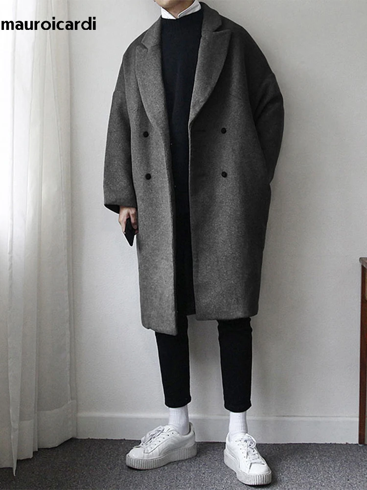 

Mauroicardi Autumn Winter Loose Casual Grey Black Soft Warm Woolen Cocoon Coat Men Lapel Double Breasted Korean Fashion 2022