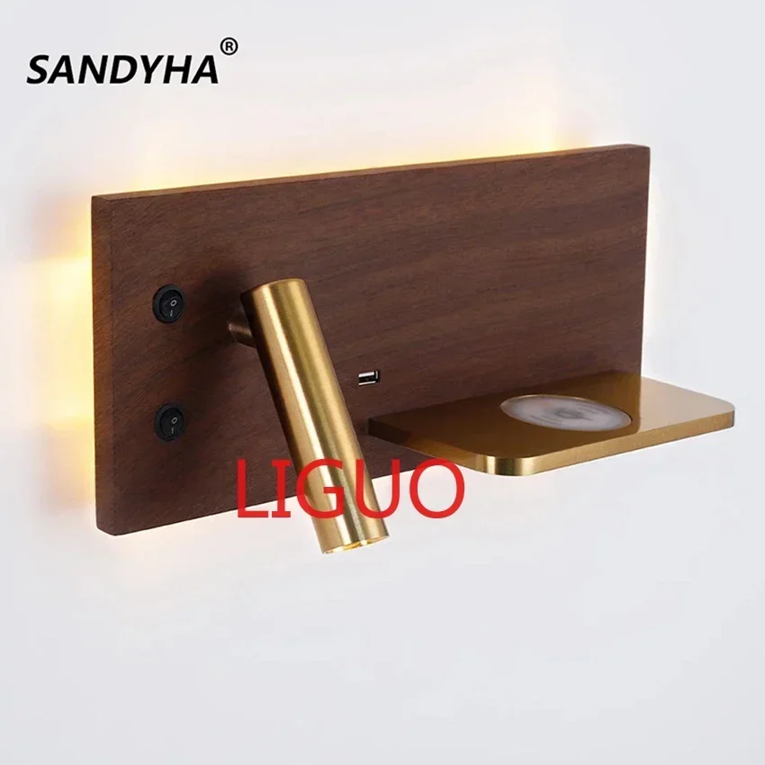 SANDYHA Modern Wall Lamp with Phone Wireless Charger Shelf Night Lightings Table Bed Reading Bedroom Hotel Bedside USB Sconces