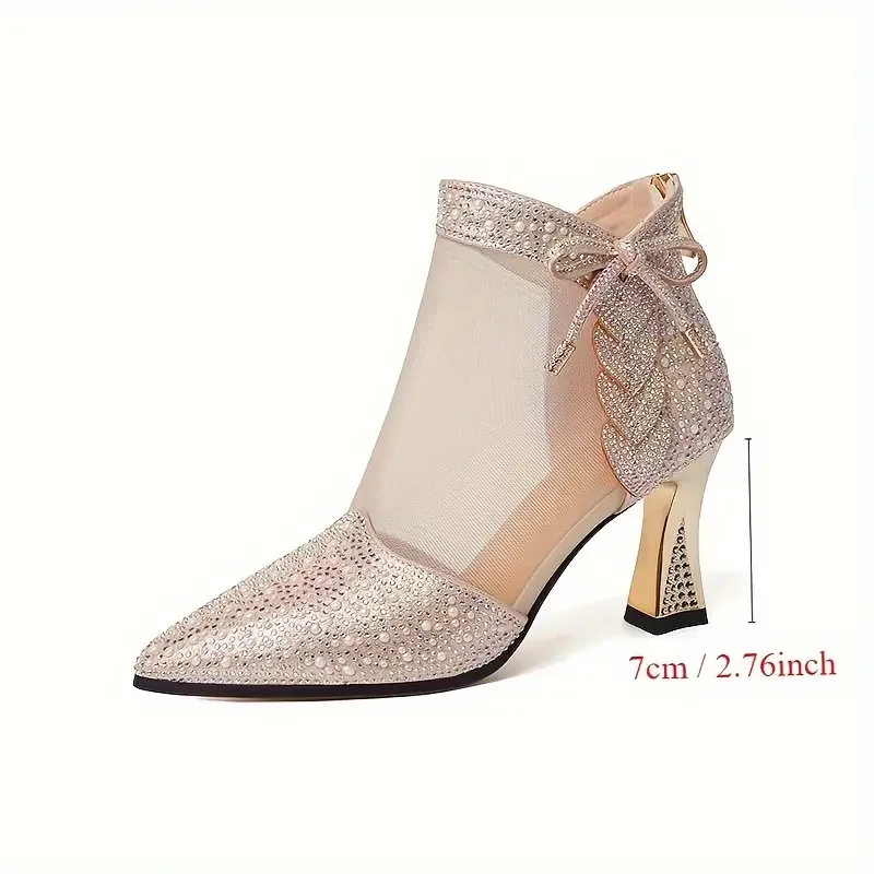 New Fashion Mesh Breathable Rhinestone High Heel Boots Elegant Pointed Toe Dress Pumps Women Banquet Wedding High Heels Size 42