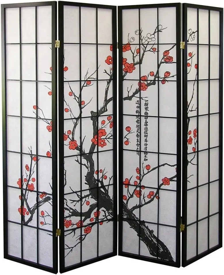 Roundhill Furniture Black Japanese 4-Panel Screen Room Divider, Plum Blossom