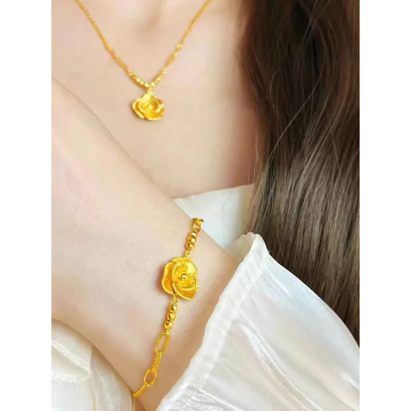 Luxury 100% Real 24K Gold Color Silk Rose Bracelet Necklace Set, Brushed Disco Beads Design Jewelry For Women