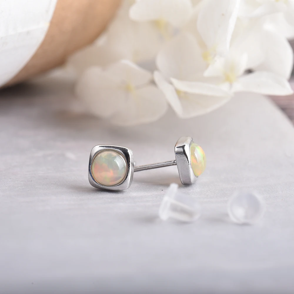 Itsmos brincos de opala preciosa, poste de prata 5mm, cubo de opala, pedra preciosa natural, brincos de piercing quadrado para presente feminino