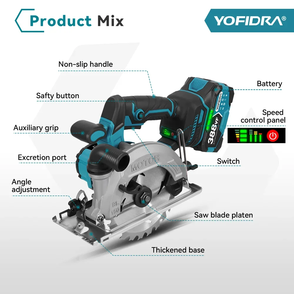 YOFIDRA 6 Zoll Bürstenlose Kreissäge Digitalanzeige 150mm Elektrische Kettensäge Holzbearbeitung Schneidwerkzeug Für Makita 18V Batterie Pin – Detail 5