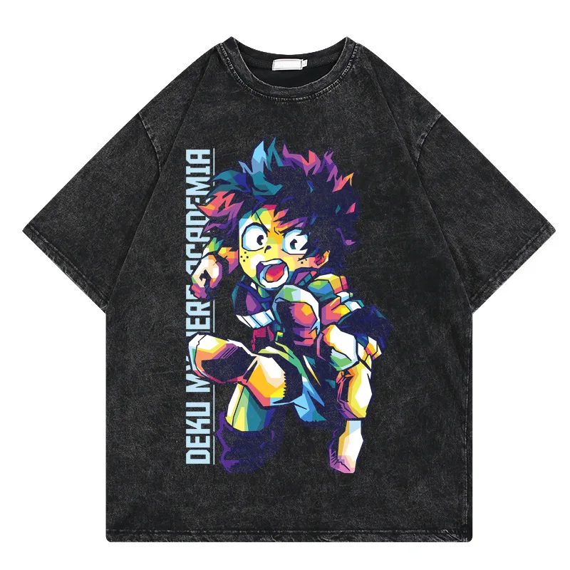 

2025 New Washed Retro T-shirt Street Hip Hop Anime, My Hero College Cartoon Print Graphic Casual Cotton Short Sleeves