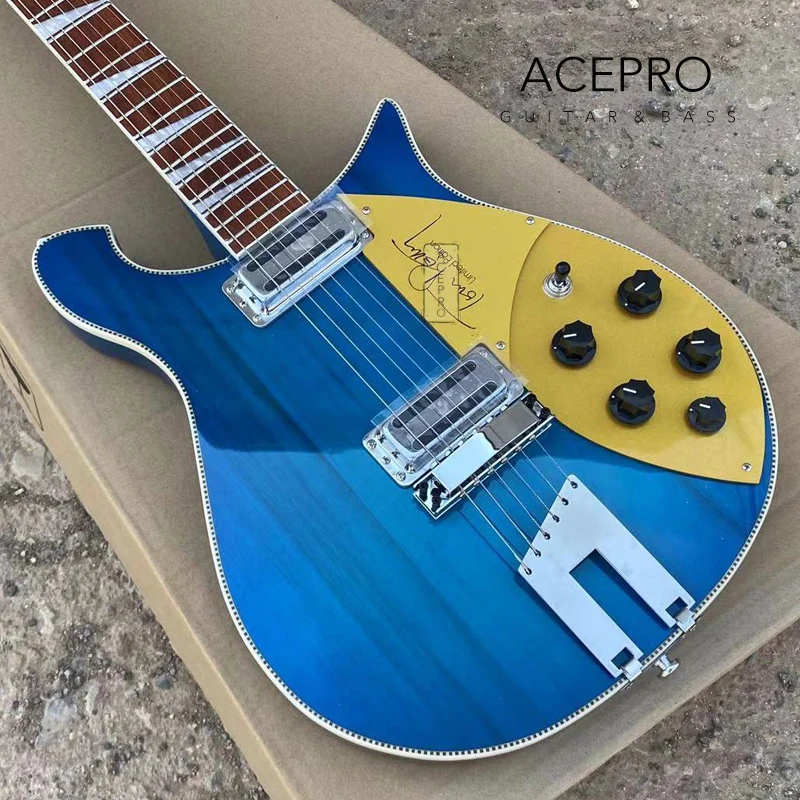 660 Electric Guitar Trapeze Tailpiece, Blue 6 String Guitarra, Gold Pickguard, Checkerboard Binding Guitarra