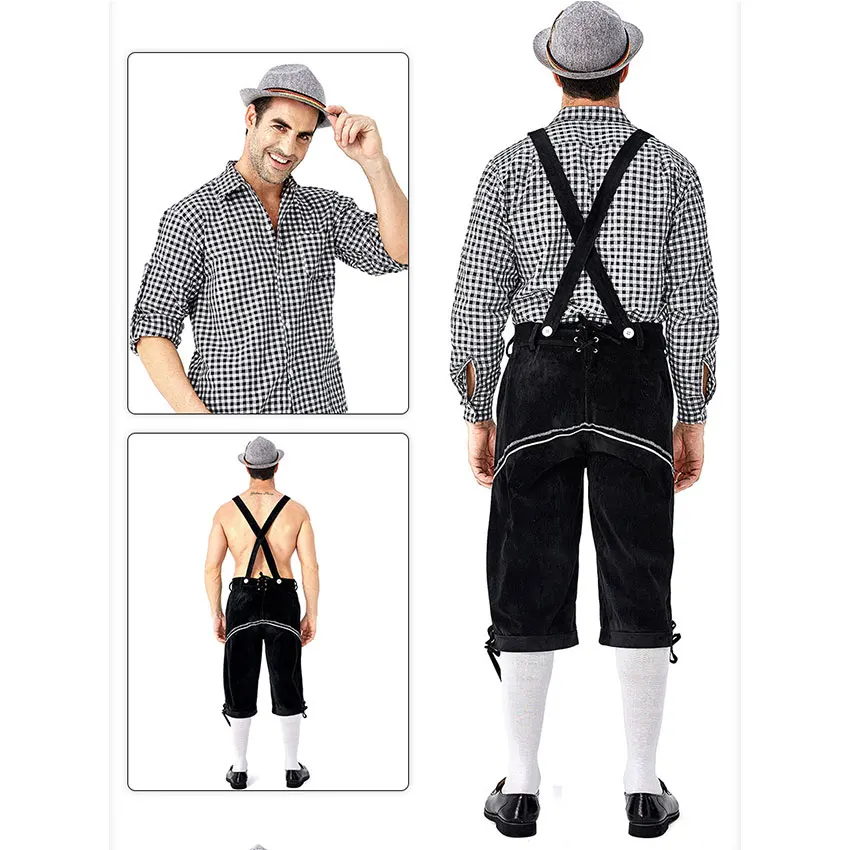 German Traditional Oktoberfest Men's Plaid Shirt Embroidered Overalls And Hat Suit