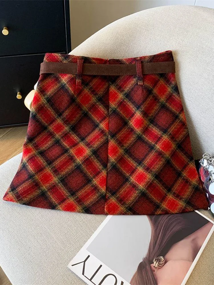Retro Red Plaid Skirt Women High Waist Faux Woolen Slim Belt Mini Skirts Korean Casual Vintage Female Elegant Sweet A Line Skirt