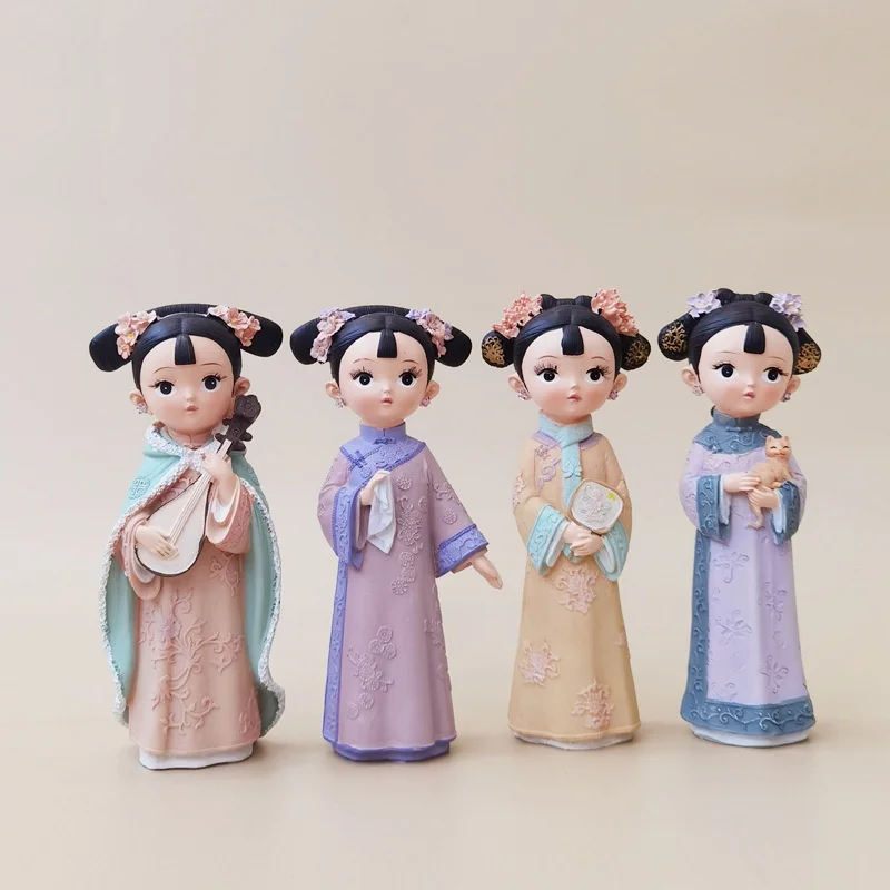 Chinoiserie Girl Resin Statue Doll Toy Desk Figure Desktop Hanfu Dress Decoraitve Sculpture For Creative Resin Girl Ornament Vin