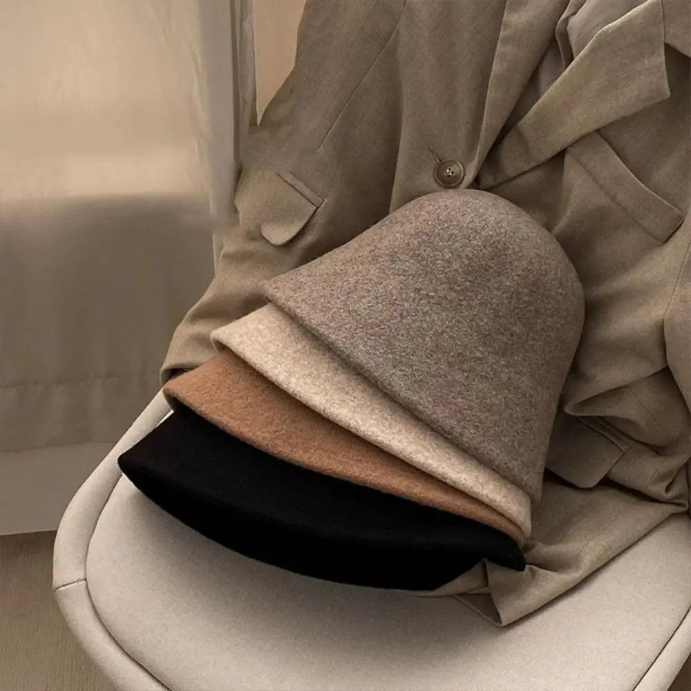 Simple Solid Color Wool Fisherman Hat Warm Windproof Warm Bucket Hat Knit Thick Knitted Beanie Autumn Winter