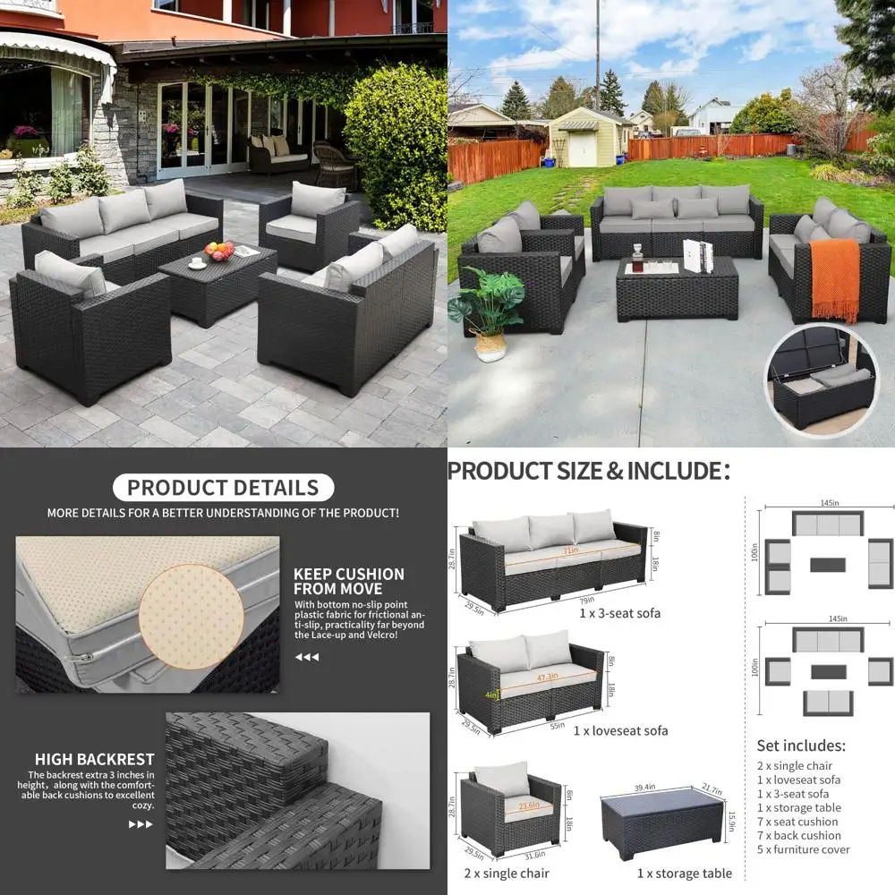 

Серый комплект плетеной мебели для патио с секционным диваном, столом для хранения и нескользящими подушками