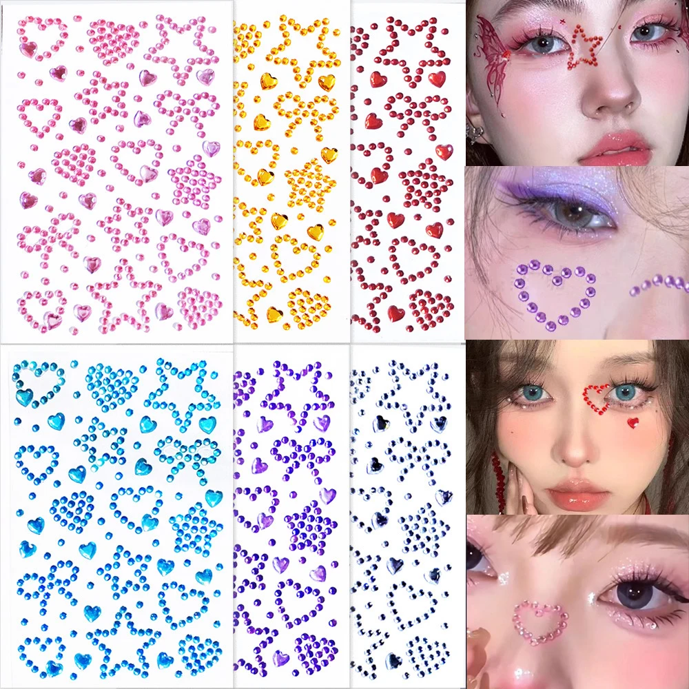 

1pc 3D Star Heart Bowknot Crystal Face Stickers DIY Self Adhesive Jewelry Sparkly Bling Rhinestone for Party Makeup Gems Sticker