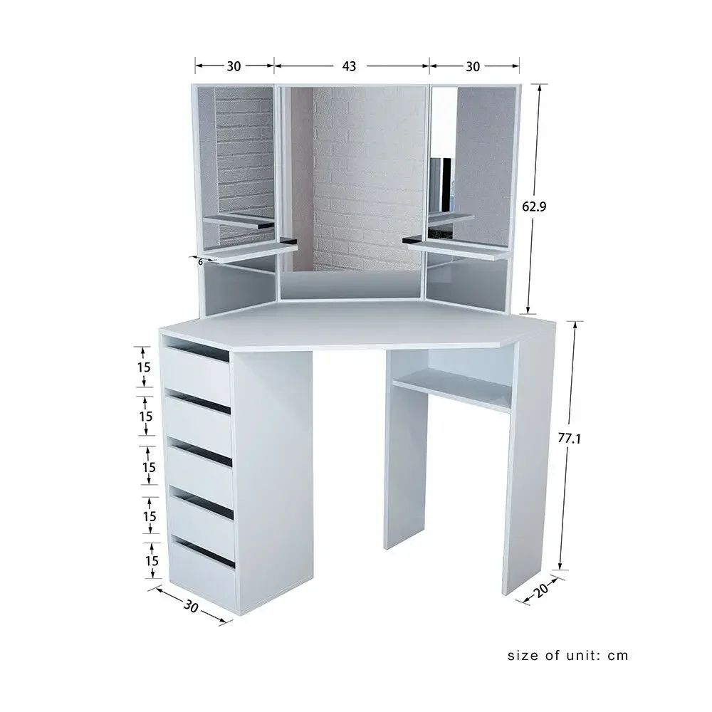 White Corner Dressing Table Stool Vanity Set White Makeup Dresser Mirror 5 Drawers