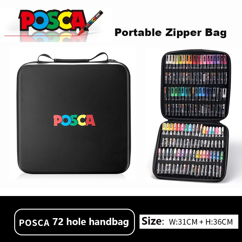 POSCA Permanent Marker & Multi-Function Carrying Case, Zippered Canvas Pen Holder for 72 Markers Lipsticks Organize Stationary