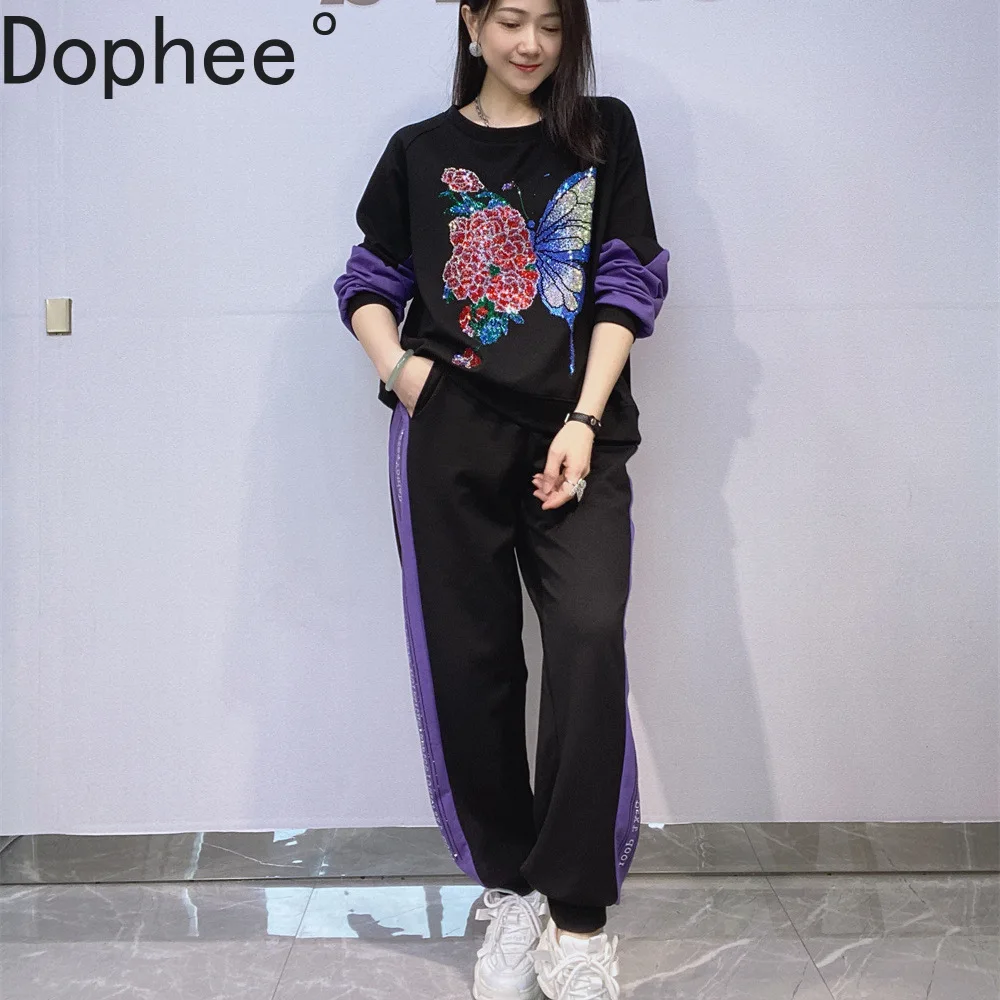 

Комплекты с капюшоном и длинными рукавами с цветными блоками для женщин, осенние блестящие бабочки, свободный пуловер с горячим сверлением, топ + шаровары с буквами и бриллиантами