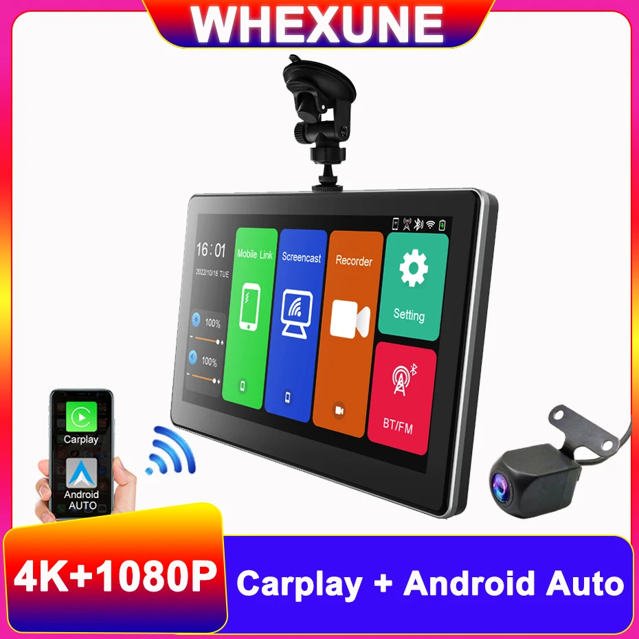 

WHEXUNE 7" Car DVR 4K Dash Camera Carplay Android Auto Front and Rear Cam Dashboard WIFI Driving Recorder Dual Lens Mirror-link