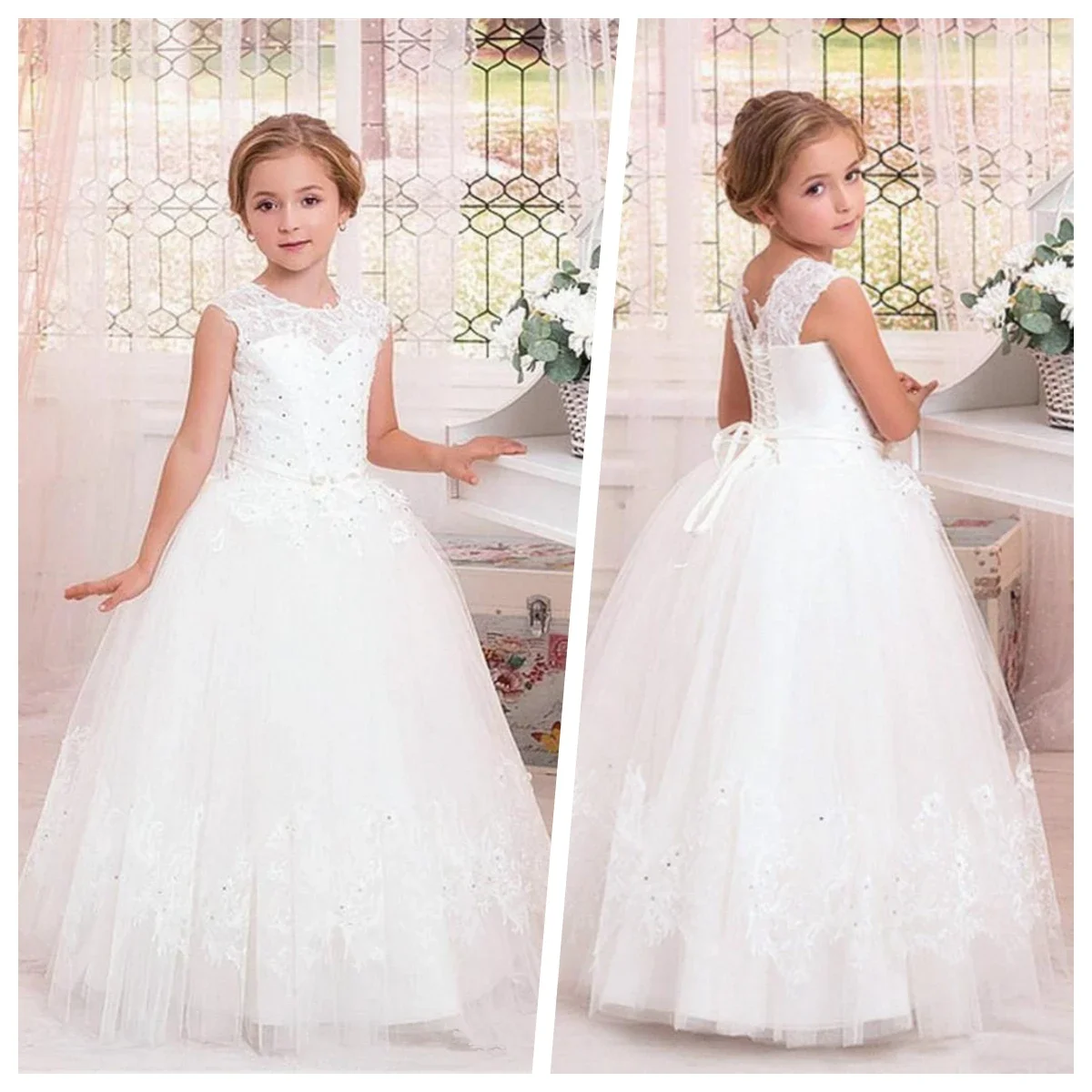 

White Waist Lace Flower Girl Dresses For Wedding Appliques White Bow Sequins Ball Gown First Communion Party Dress