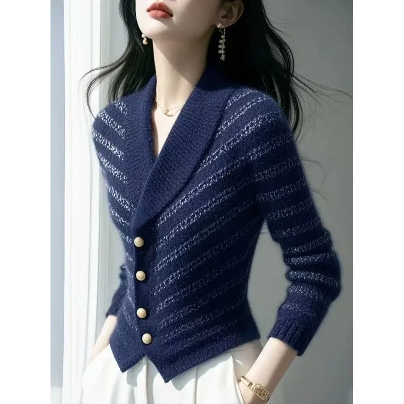 

Heavy Embellied Women's Knitted Cardigan Autumn Winter New Sle Single Button Camere Sweater Coat Soft Polyester Fiber