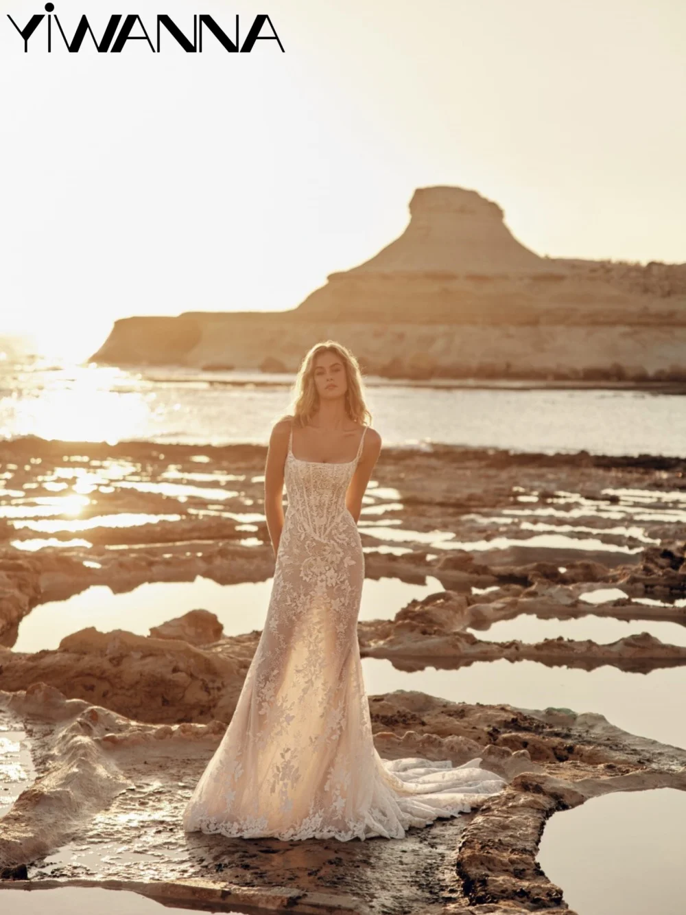 

Illusion Floral Lace Beach Wedding Dress Classic Square Neck Bridal Gown New Customized Pearls Mermaid Long Dresses For Bride