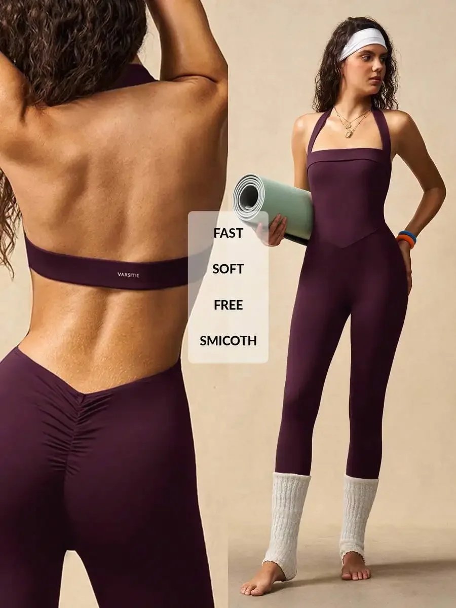 Mono Deportivo Ajustado Sin Mangas con Espalda Descubierta y Cuello Halter en Color Sólido