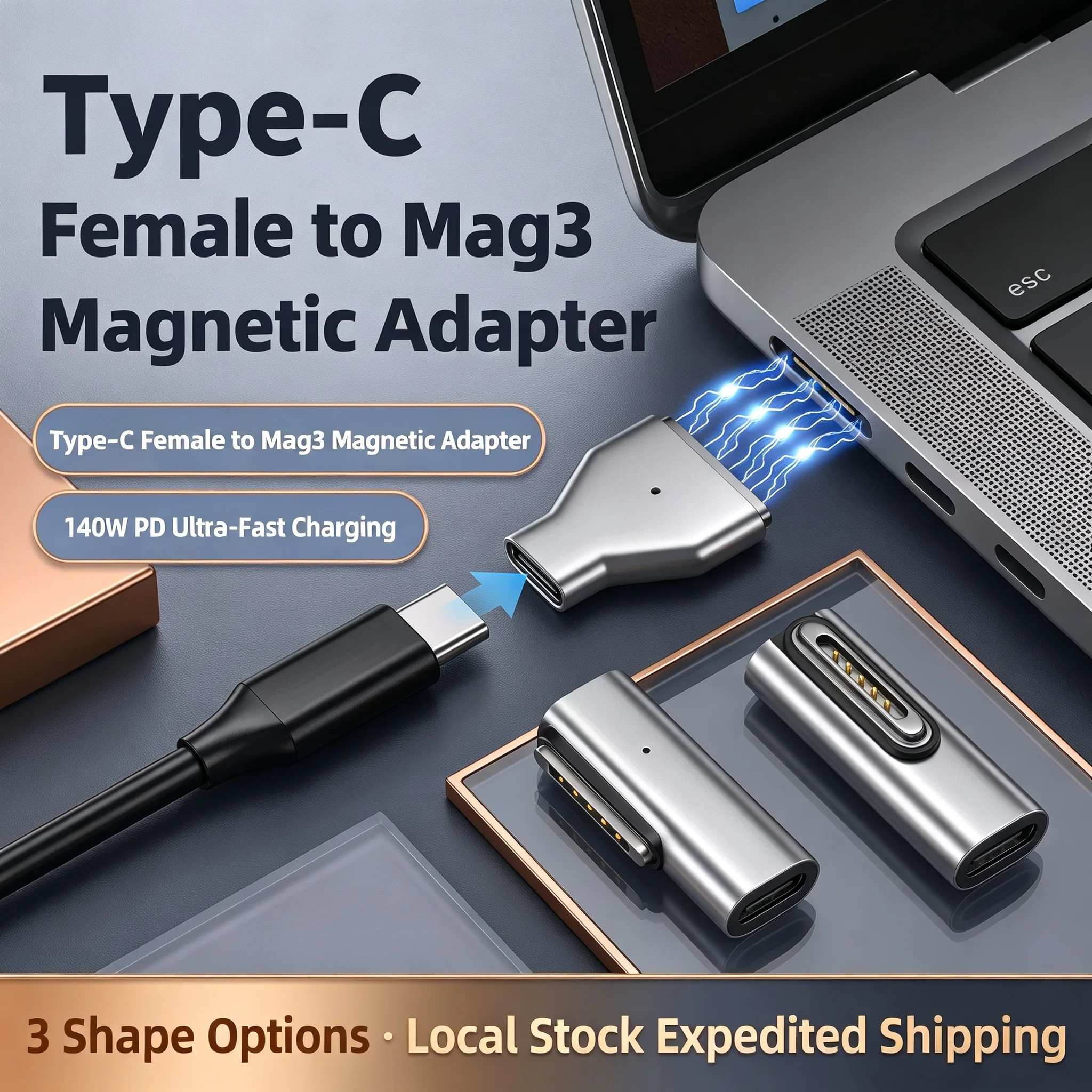 140W PD Type‑C Female to Mag3 Magnetic Adapter Compatible with MacBook Pro Air M1 M2 M3 M4 M5 Laptop Fast Charger Converter