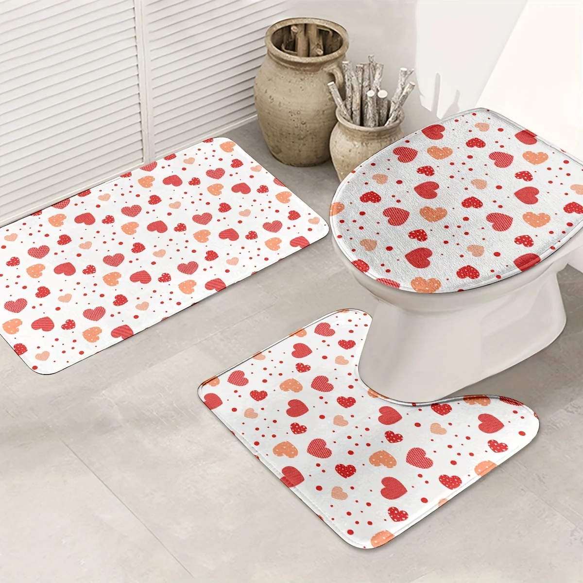 

3 шт. декор для ванной комнаты в форме сердца на День святого Валентина, полиэфирная ткань, можно стирать в машине, U-образный коврик, нескользящее сиденье для унитаза