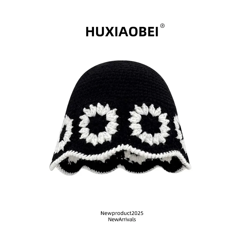

Korean Niche Color Matching Handmade Knitted Bucket's Hat Women's Spring and Summer Vacation Hollow Woven Dome Basin Cap