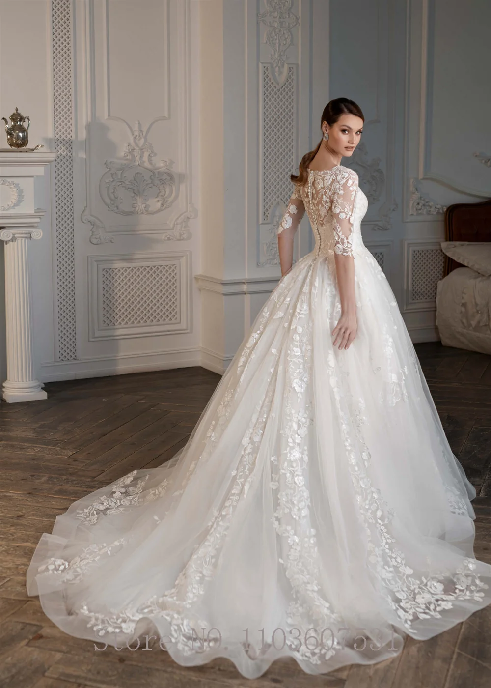 Elegante colletto da barca Applique pizzo Tulle 3/4 manica abito da sposa per le donne abito da ballo corte abito da sposa robe de mariée