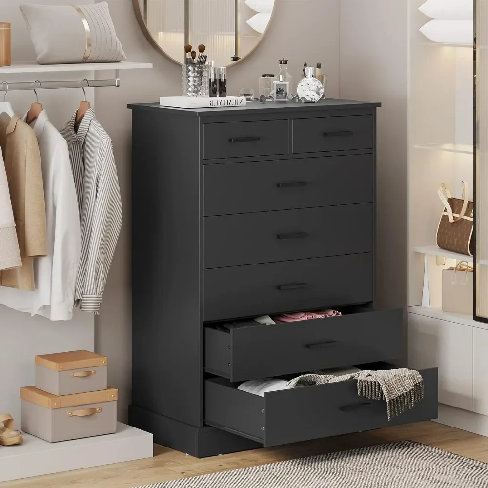 Zwarte Dressoir Voor Slaapkamer, Hoge 7 Lades Dressoir Met Stevige Basis, Houten Opbergtoren Kleding Organizer, Grote Opbergkast