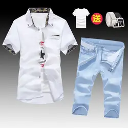 Summer New Men Set Shirts Denim shorts New Tide Cowboy Jeans Suit shirt Handsome Men's Clothing