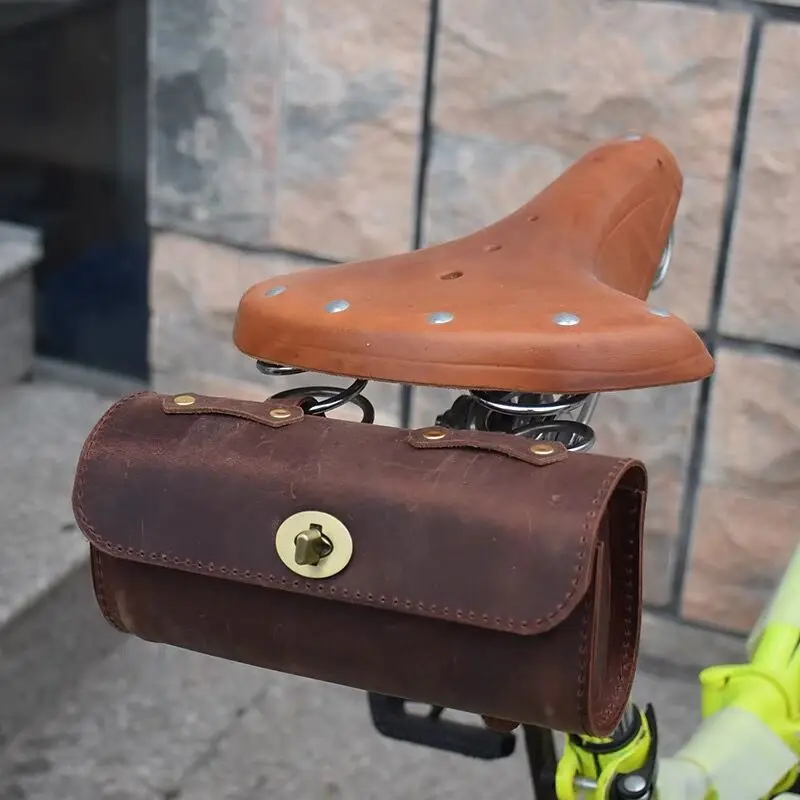 Multi-purpose Bicycle Retro Rear Bag Front Beam Tube Bag 100% Crazy Horse Pure Cowhide Bike Bag 20*10*6CM G1177