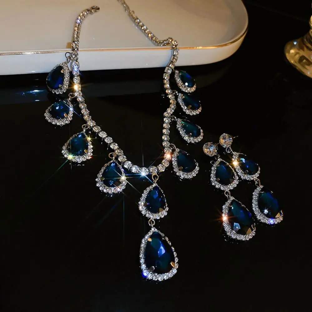 French Water Drop Blue Earrings Necklace Set Niche Design Classic Clavicle Chain Light Luxury Jewelry image 3