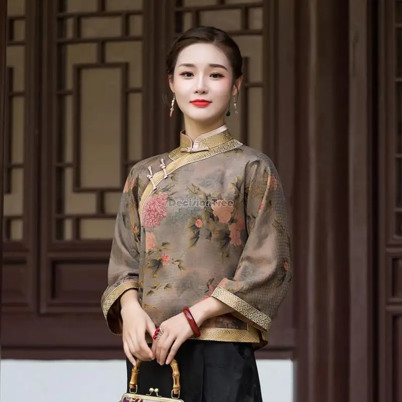 Costume Tang de style chinois à manches longues, haut cheongsam, mode vintage, support UR, impression de fleurs, nouveau, 2023, 600, S367