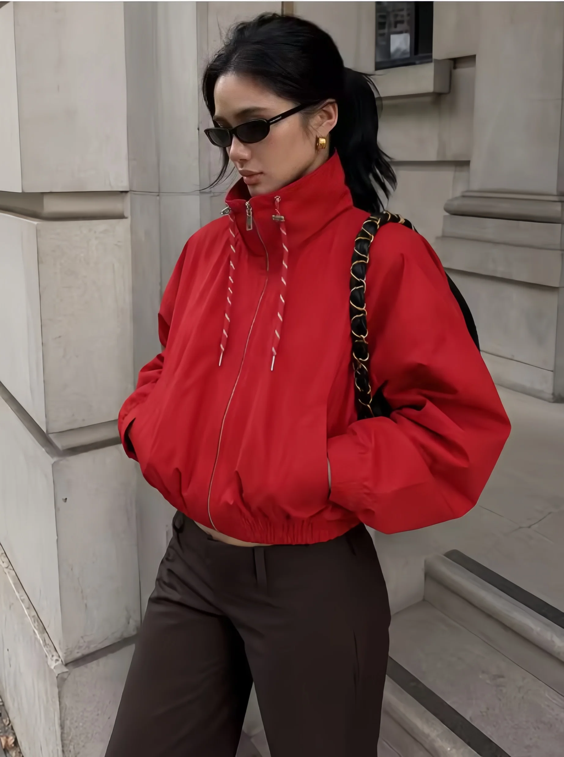 Guobioziy 2026 Autumn Women's Short Thick Jacket Stand Collar with Drawstring Hem Zipper Long Sleeve Loose Casual Pocket Coat
