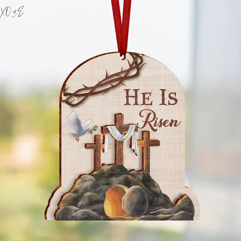 Wood Easter Resurrection Scene Empty Tomb Pendant Hanging Catholic Cross Jesus Religious Easter Gifts Decor